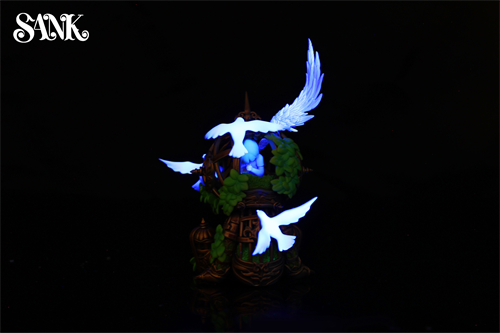 Good Night Series - Sky Wing: A brass-toned steampunk orb entwined with vines, surrounded by three glowing birds. Preorder for limited edition art sculpture, ships Q1 2026.