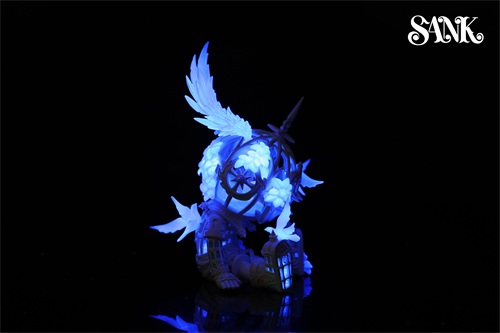 Good Night Series - Sky Wing collectible, kneeling in ornate armor with glowing blue helmet and wings, set for preorder from Strangecat Toys.