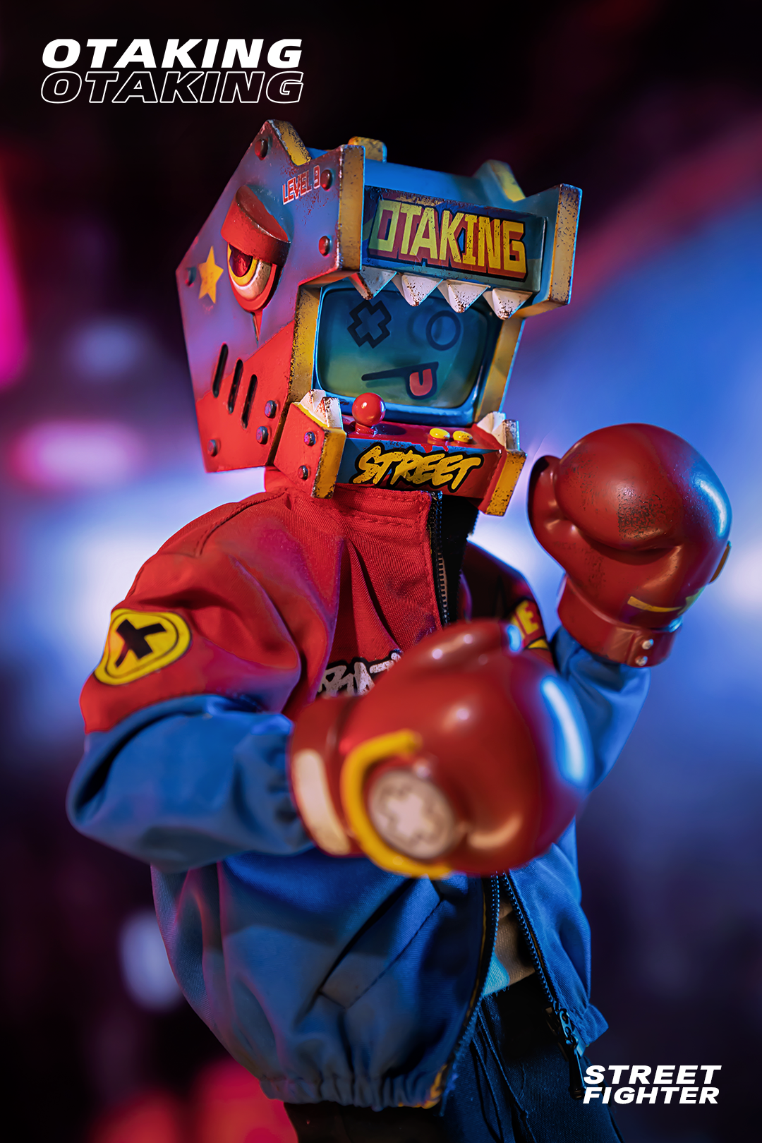 OTAKING - Street fighter toy robot action figure with hero cartoon character and person wearing robot garment.