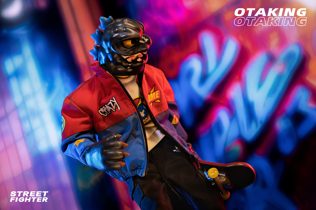 Toy figure in a mask and jacket with skateboard, close-ups of logo, hat, sign, hand, and toy from OTAKING - Street Fighter.