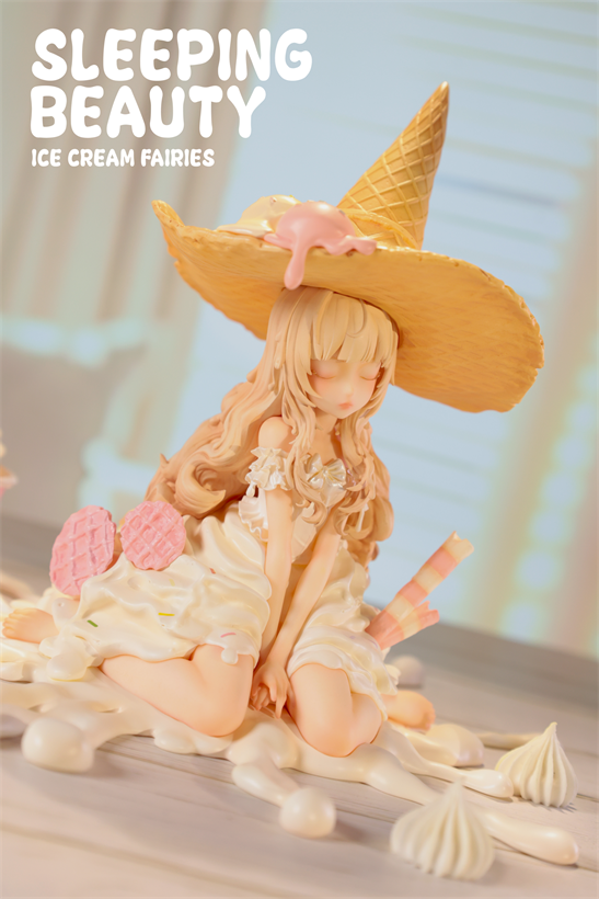 Sleeping Beauty-Ice Cream Fairies preorder features a resin fairy figure adorned in melting ice cream attire, topped with a waffle cone hat, amidst whimsical dessert elements.