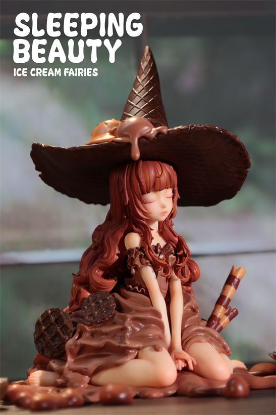 Sleeping Beauty-Ice Cream Fairies figurine: a whimsical, chocolate-themed sculpture with waffle-cone hat, showcasing a sleeping girl amidst melted ice cream elements.