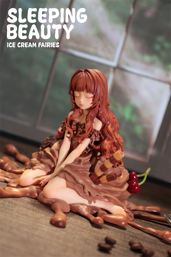 Sleeping Beauty-Ice Cream Fairies figurine, featuring a slumped woman with auburn hair in a melting chocolate dress adorned with wafer cookies and cherries. Preorder available.
