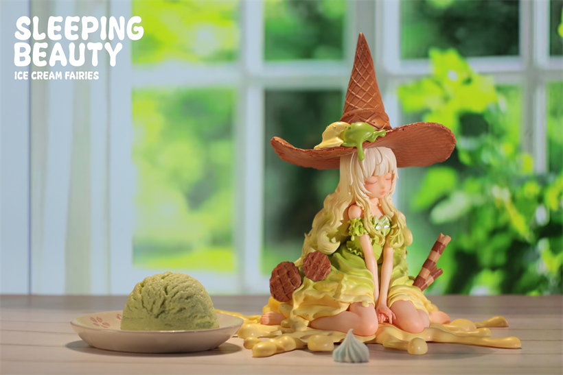 Sleeping Beauty-Ice Cream Fairies figurine, seated with melting ice cream dress and waffle cone hat, surrounded by drips and cookie pieces; preorder for May 2026.