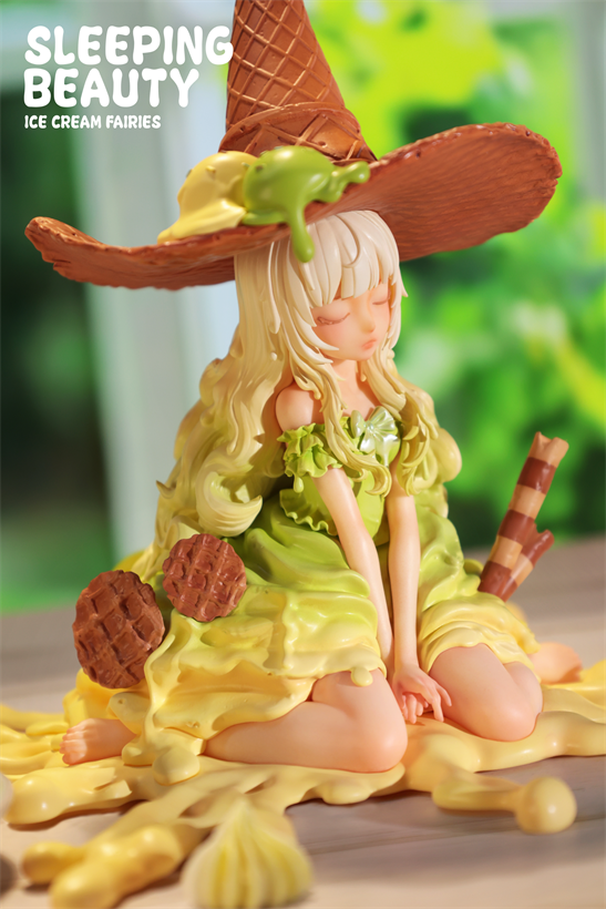 Sleeping Beauty-Ice Cream Fairies figurine, seated on melting ice cream, with cone hat and waffle accents. Preorder for May 2026 release. Limited edition resin collectible.