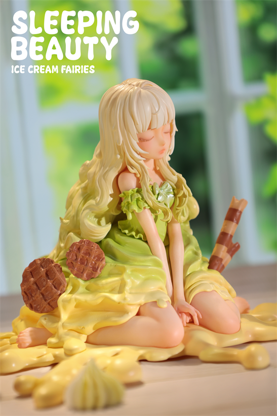 Sleeping Beauty figurine from the Ice Cream Fairies series, features a fairy girl with wavy hair, in a ruffled dress, kneeling on melted ice cream with cookies.