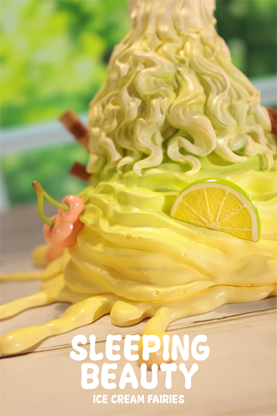 Sleeping Beauty-Ice Cream Fairies preorder: neon-yellow ice cream sculpture with lime, cherries, and chocolate sticks, made of resin, limited edition.