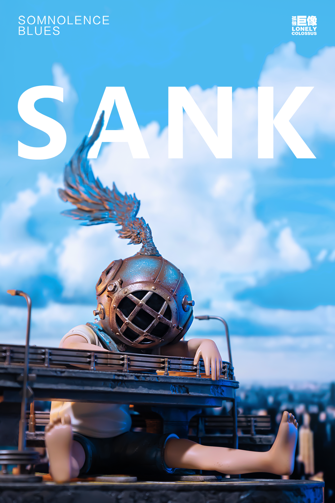 Statue of a diver with a helmet on a bridge, close-up of helmet, person holding metal helmet with feather, metal beam detail.