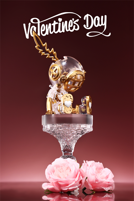Good Night Series-Love Lantern: a stylized figure with a gold-trimmed diving helmet, seated on a glass pedestal, with roses beneath, for Valentine's Day display.
