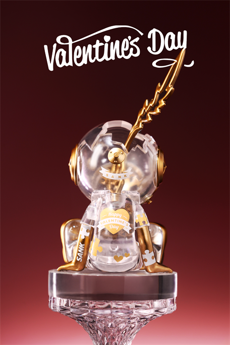 Good Night Series-Love Lantern: A crystal and gold teddy-bear sculpture on a cut-glass pedestal, featuring Happy Valentine’s Day and quill-like ornament.