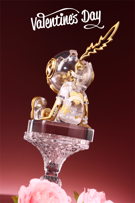 Good Night Series-Love Lantern: A limited edition Valentine’s figurine with gold-accented bear design, hearts, and puzzle motifs, on a crystal pedestal.