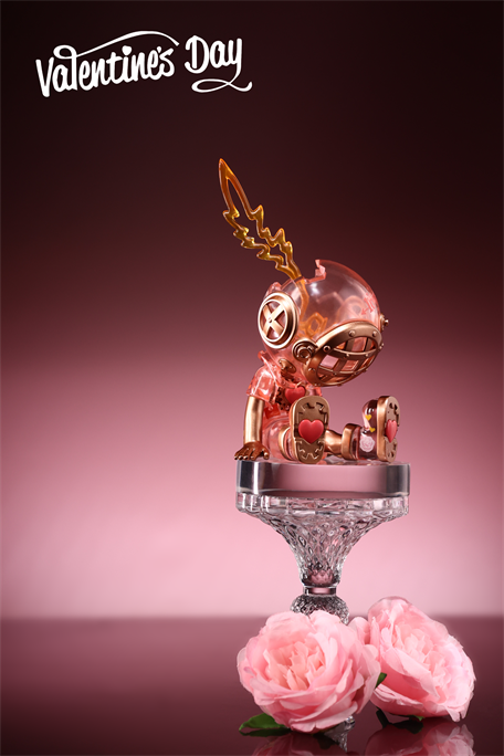 Good Night Series-Love Lantern art toy with pink helmet, gold accents, heart motifs, seated on a crystal pedestal with roses. Preorder item.