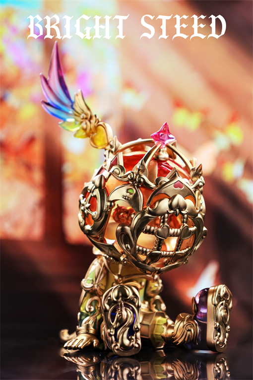 Good Night Series - Bright Steed - Golden Circle: A steampunk-inspired sculpture with a gold filigree head, rainbow wing, and baroque legs, resting on a reflective surface.