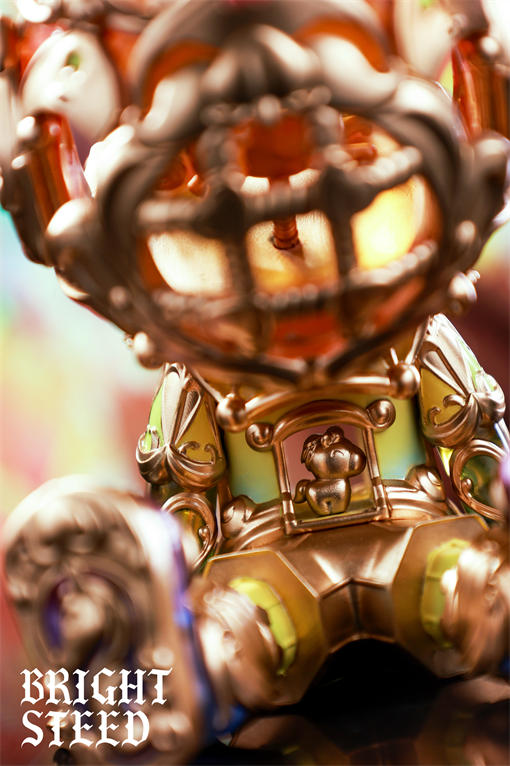 Good Night Series - Bright Steed - Golden Circle art toy with gold tones, ornate mechanical details, and stylized animal relief, set for preorder.
