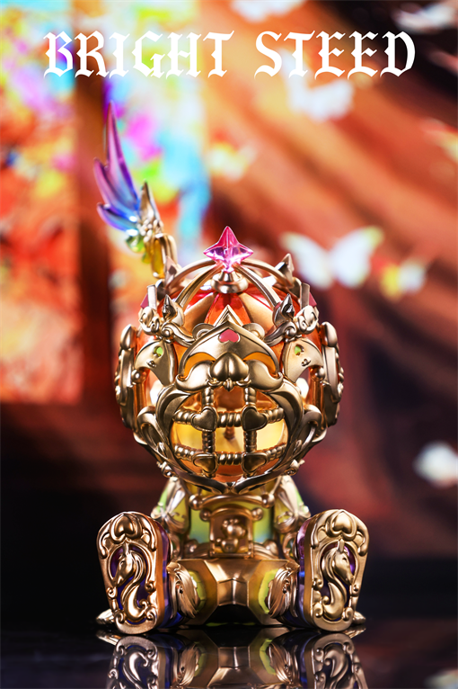 Gold-plated figurine Good Night Series - Bright Steed - Golden Circle with ornate filigree, pink gem, horse motifs, and rainbow wing, on reflective surface.