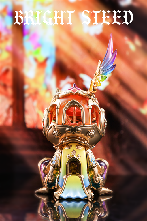 Good Night Series - Bright Steed - Golden Circle: Jewel-encrusted mechanical sculpture with ornate metalwork, feathered wing, articulated legs, and gemstones. Preorder limited edition from Strangecat Toys.