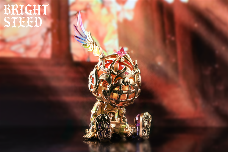 Good Night Series - Bright Steed - Golden Circle: A detailed gold-toned mechanical creature figurine with a red jewel heart and colorful wing, preorder for limited edition collectible.