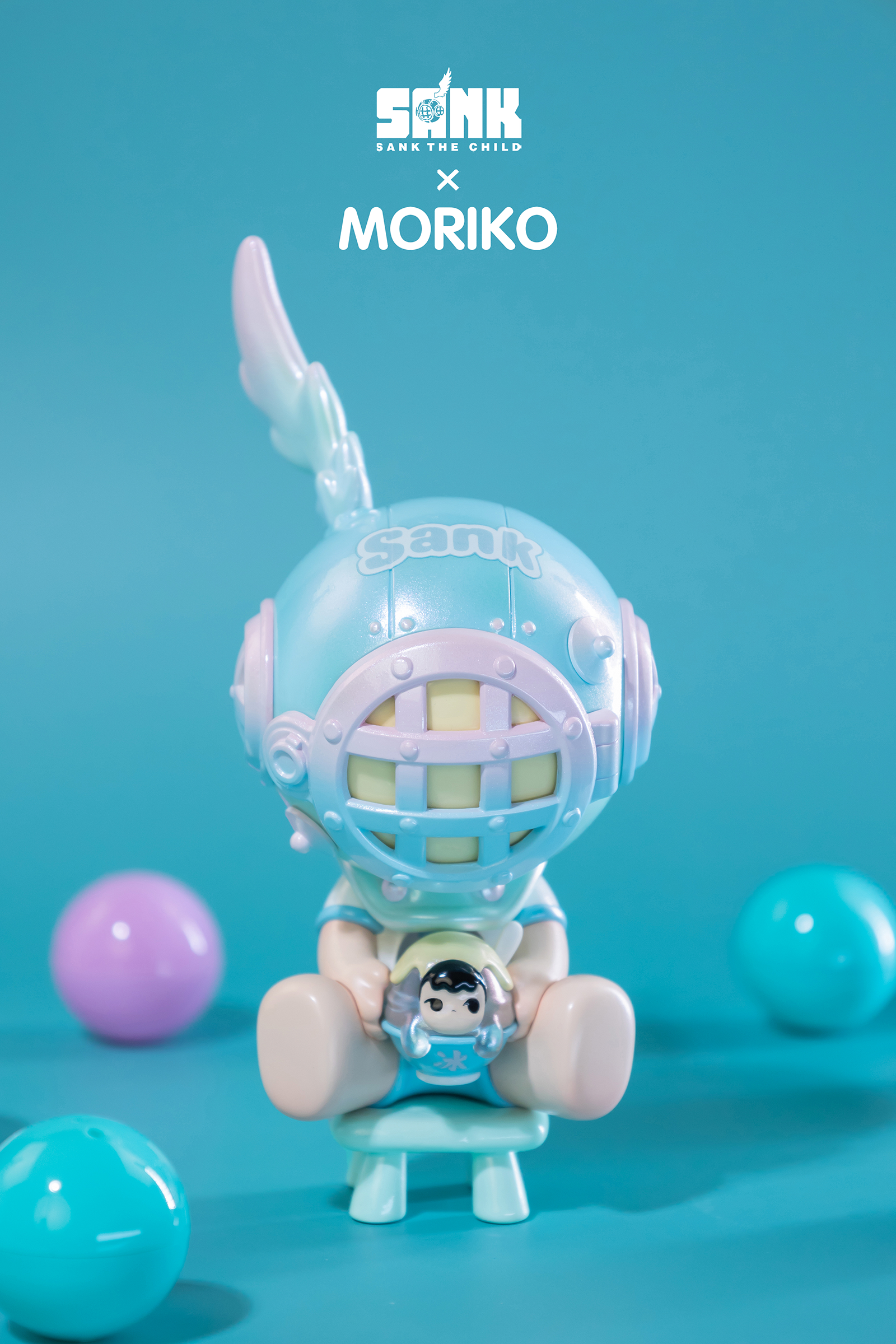 SankToys x MoeDouble - Sanriko toy and ball on blue background, close-ups, logo, and sign.
