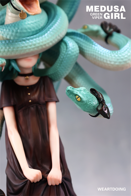 Medusa Girl-Green Viper collectible figure with snake hair and dark dress, by WEARTDOING, limited edition resin piece by illustrator Yoshioka.