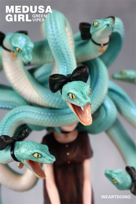 Medusa Girl-Green Viper resin figure, featuring mint-green snake hair with bows, central figure in dark dress, limited edition by artist Yoshioka.