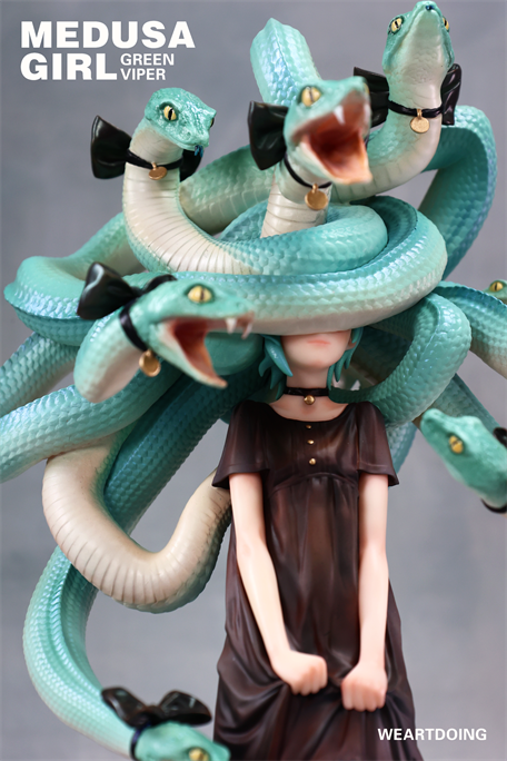 Medusa Girl-Green Viper figurine with serpent hair adorned with bows, wearing a dark dress; limited edition resin art toy by Yoshioka for preorder.