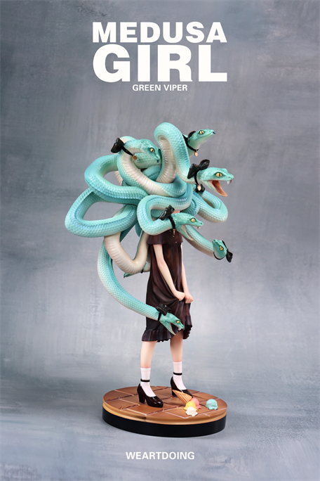 Figurine of Medusa Girl – Green Viper with mint-green snake hair, standing on a base with cracked eggshells, by Yoshioka for Strangecat Toys.