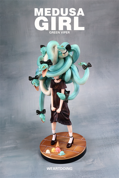 Medusa Girl-Green Viper figurine by WEARTDOING, featuring mint-green snake hair, dark attire, on a tile base with fallen pastel ice cream.
