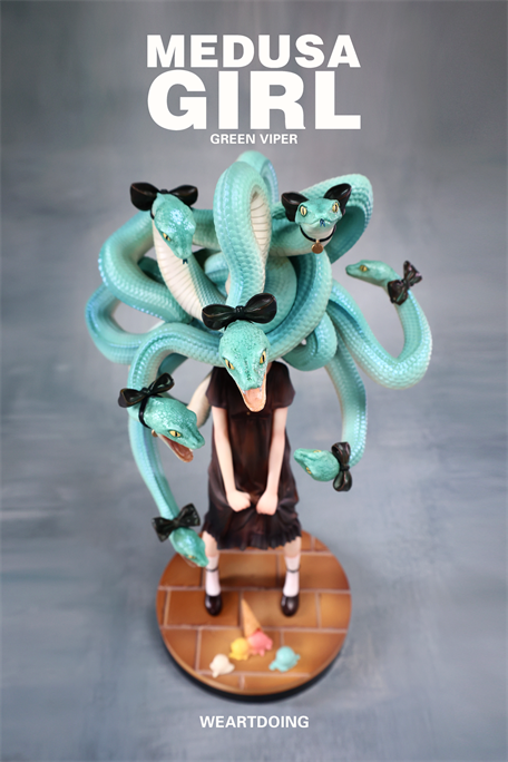 Medusa Girl-Green Viper statue with mint-green snake heads, black dress, white socks on brick-patterned base. Preorder resin limited edition by WEARTDOING, 13.8x12.4x24cm.