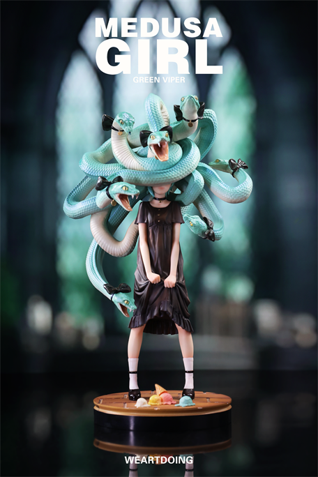 Medusa Girl-Green Viper art toy by We Art Doing, featuring a girl with green snake hair and a black dress, standing on a decorative base.