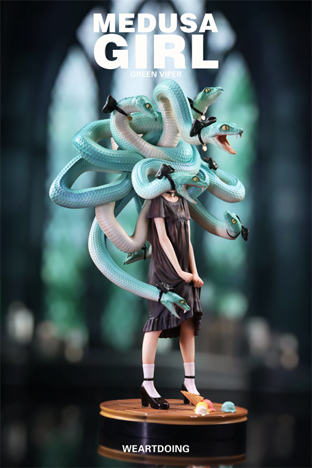 Medusa Girl-Green Viper figurine: young girl with snake hair, dark dress, standing on base with fallen ice-cream cone. Striking collectible by Yoshioka.