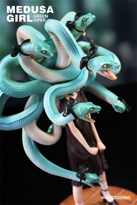 Medusa Girl-Green Viper figure, featuring mint-green viper heads with bows, by WEARTDOING. Preorder limited edition resin art toy by Yoshioka.
