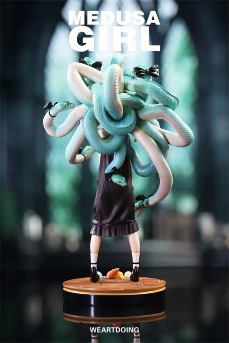 Collectible Medusa Girl-Green Viper figure with snake hair, dark dress, on display base. Limited edition by Yoshioka, available for preorder.