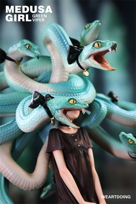 Medusa Girl-Green Viper sculpture: woman bust with pale-green viper hair, yellow eyes, black bows, resin, 13.8*12.4*24cm, limited edition by artist Yoshioka.