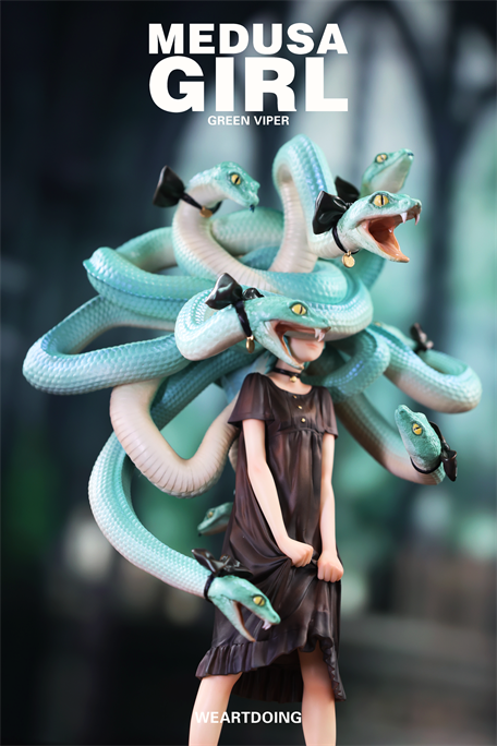 Medusa Girl-Green Viper figurine: a woman with snake hair in a dark dress, each serpent adorned with a black bow. Limited edition art collectible.