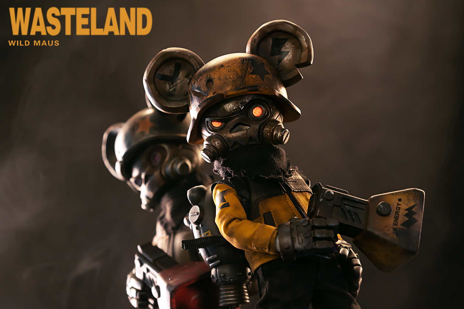 Toy figurine of Wasteland - Wild Maus character with gun, jacket, and energy gun, featuring moveable body and interchangeable faces.