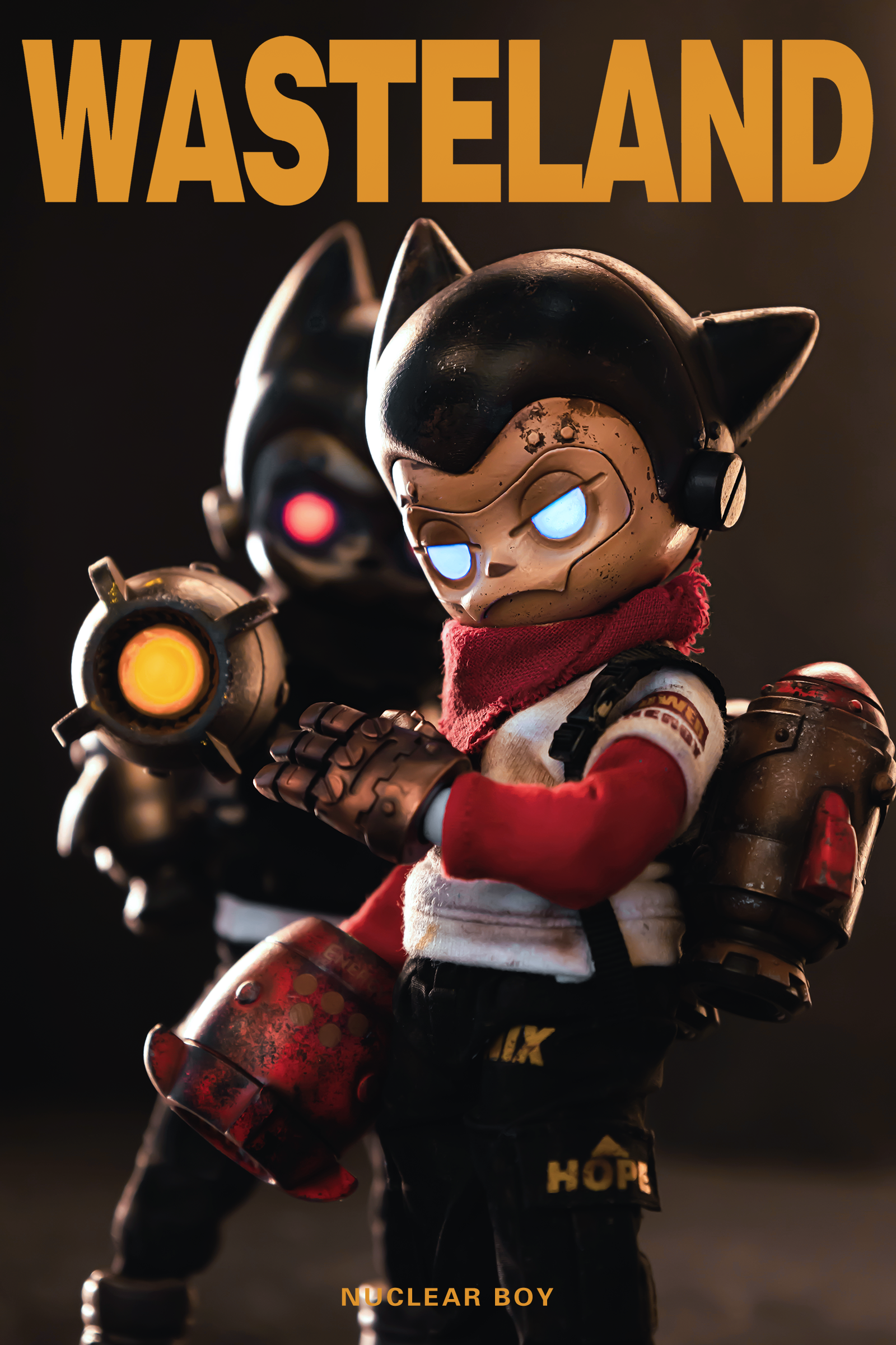 Toy figurine of Wasteland - Nuclear Boy with cat head, holding weapon, detailed accessories.
