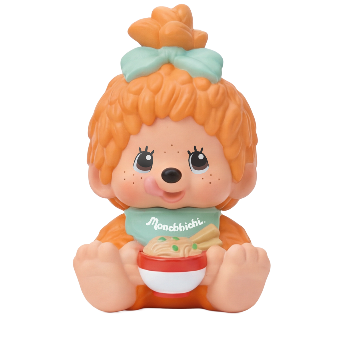 Monchhichi Sakura Series (Pastel) Blind Box toy with orange fur, mint-green bow and bib, holding a noodle bowl with chopsticks. Preorder for unique collectible fun.