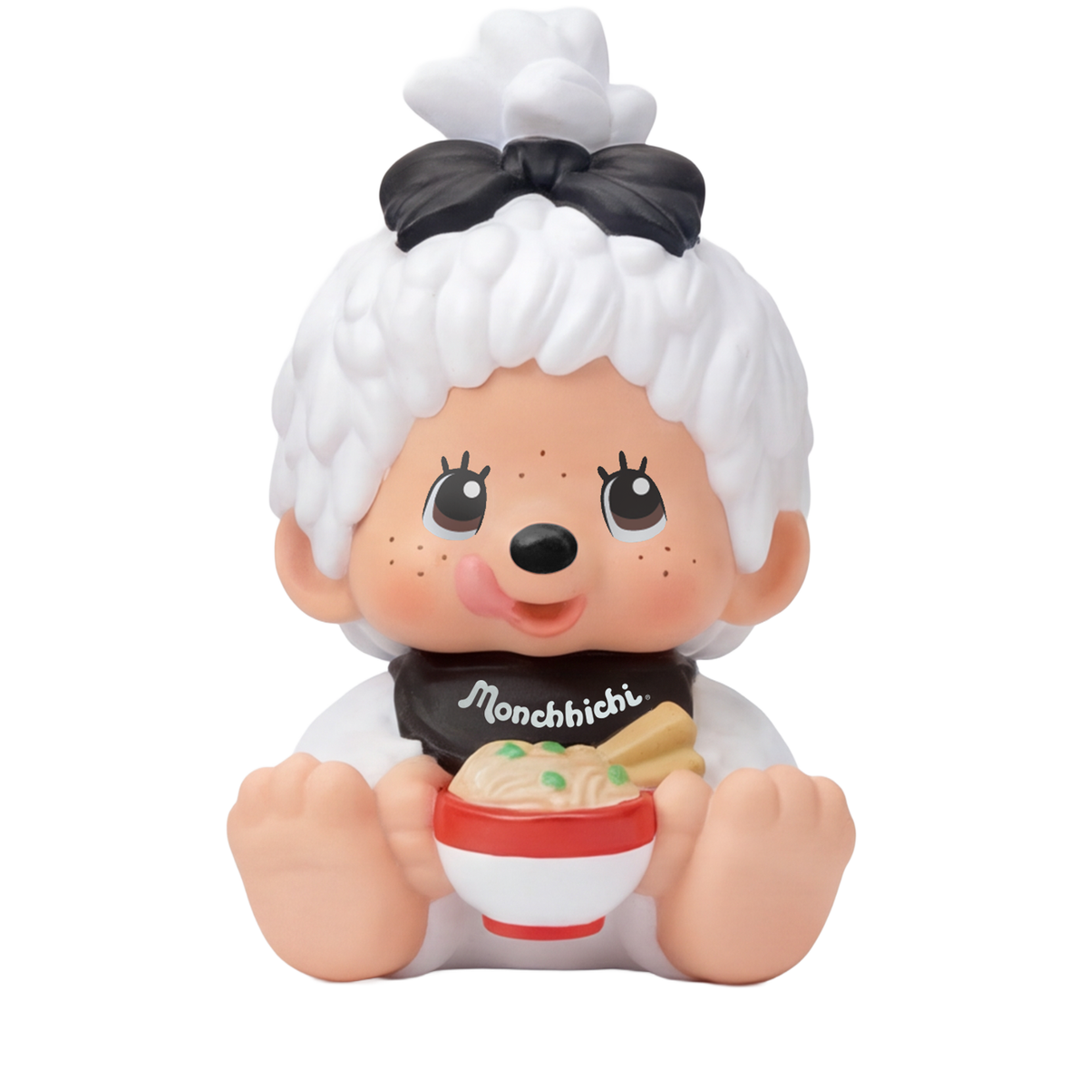 Monchhichi Sakura Series figure holding ramen, featuring fluffy hair and a bib. Part of a blind box preorder from Strangecat Toys.