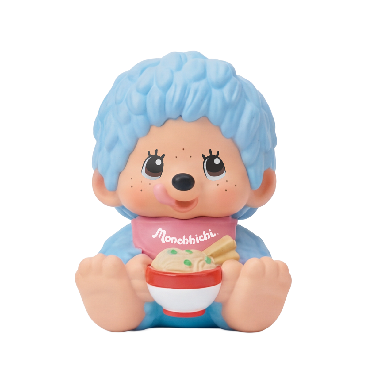 Monchhichi Sakura Series (Pastel) figurine: blue, monkey-like character with pink bib, holding noodle bowl, tongue out playfully. Preorder for August 2026.