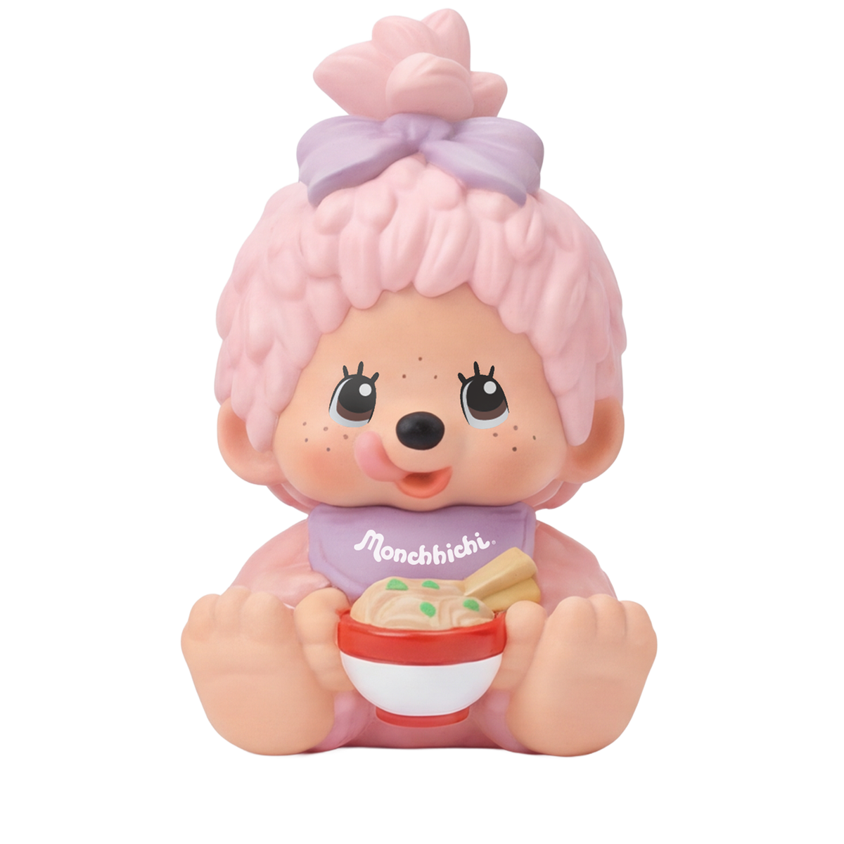Monchhichi Sakura Series (Pastel) figure with pink hair, lavender bib, holding noodle bowl, part of Rokimoto's collectible blind box series.