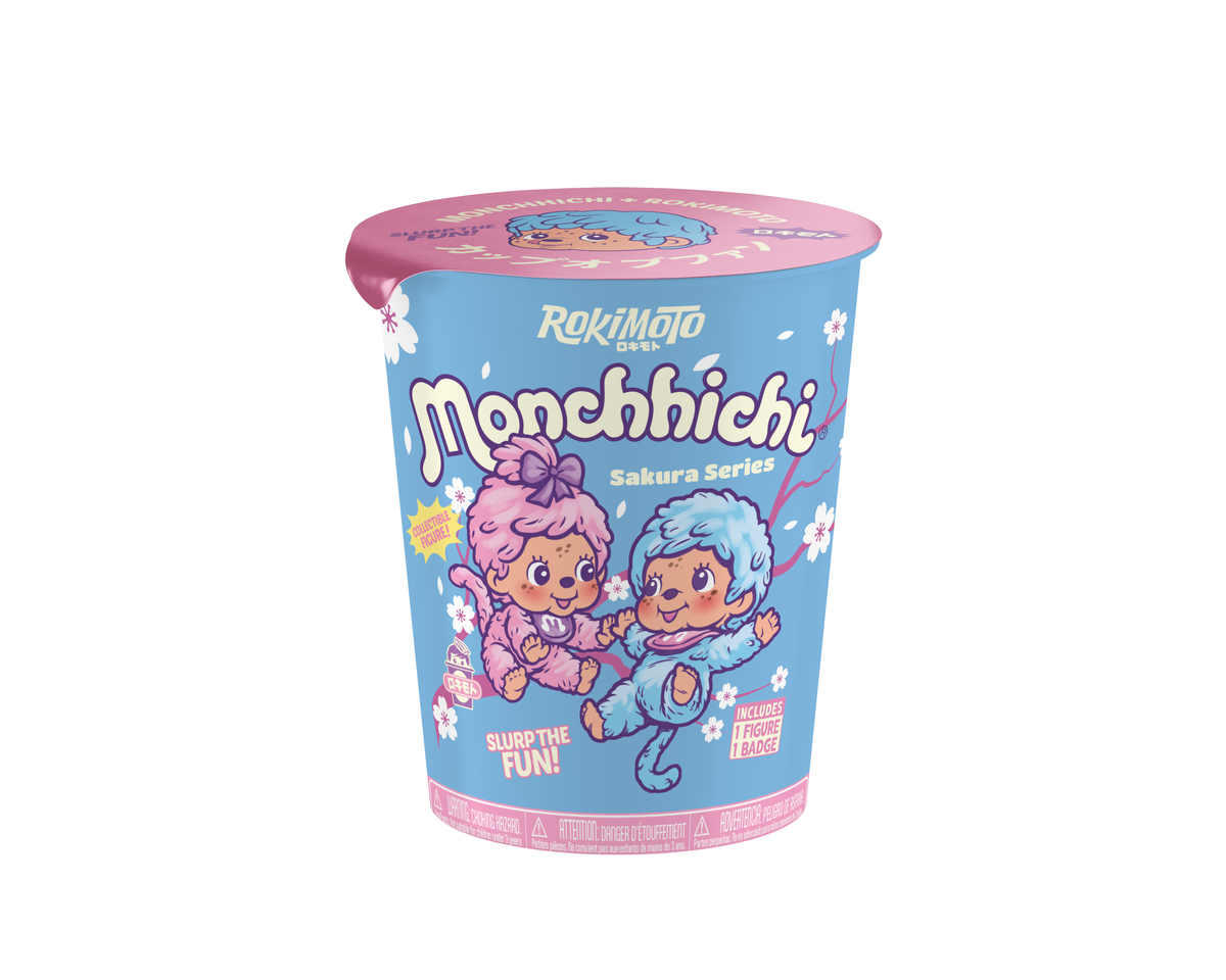 Monchhichi Sakura Series (Pastel) Blind Box in noodle cup design, featuring cherry-blossom motifs with collectible Monchhichi figure and badge inside.