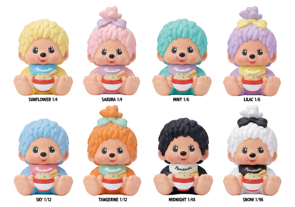 Monchhichi Sakura Series (Pastel) Blind Box featuring eight collectible figures, each holding noodles, with varying rarity for collectors. Preorder now from Strangecat Toys.