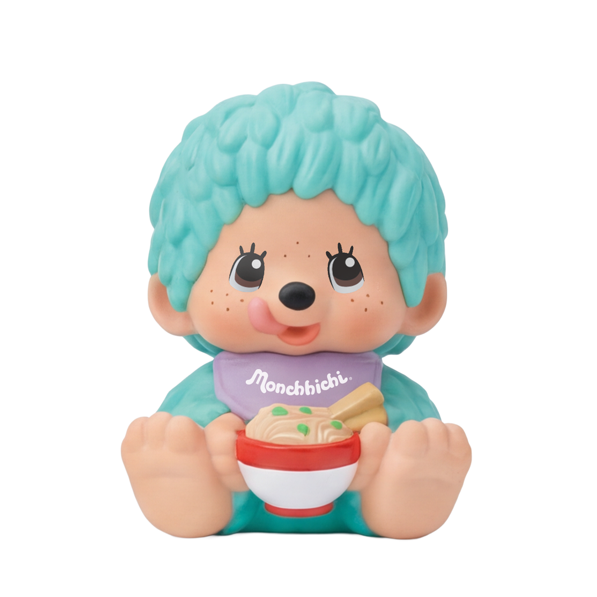 Monchhichi Sakura Series (Pastel) Blind Box: Teal-haired figure with purple bib, holding noodles. Preorder for a nostalgic collectible experience.