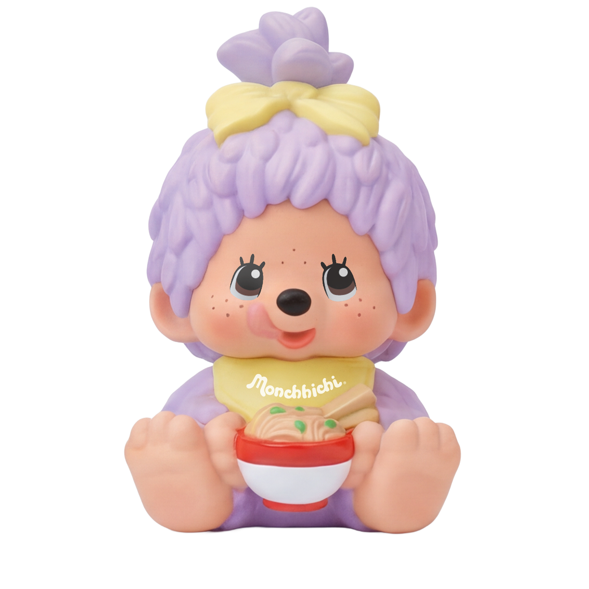 Monchhichi Sakura Series (Pastel) collectible figure, featuring lavender fur, seated with noodles, in a playful pose. Preorder from Strangecat Toys' blind box collection.