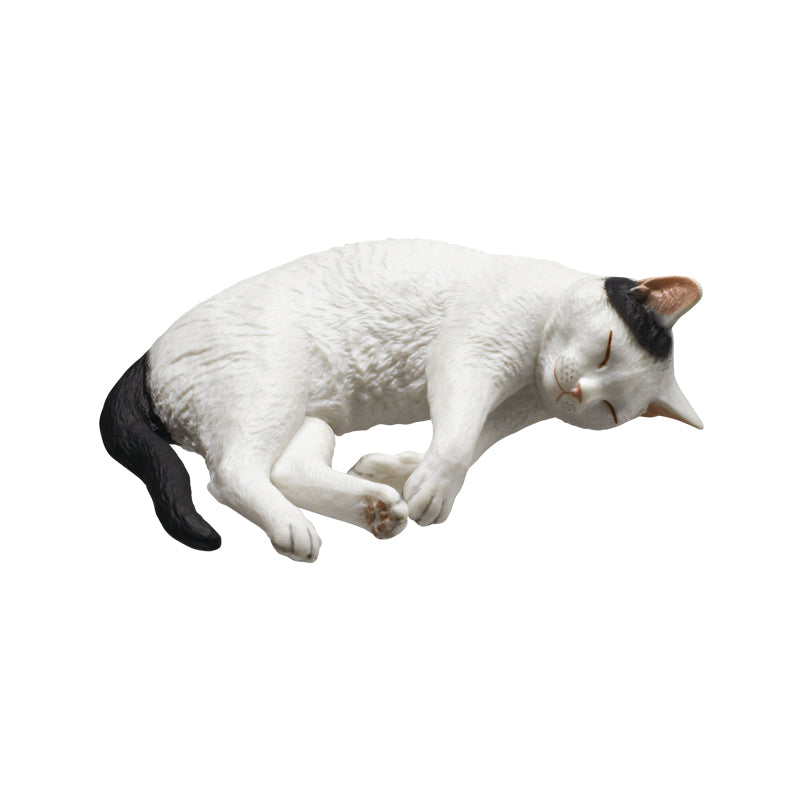 AIP Moriguchi Osamu's Cat Figure Mascot 3 Gacha: a detailed figurine of a white cat with black markings, curled up asleep.