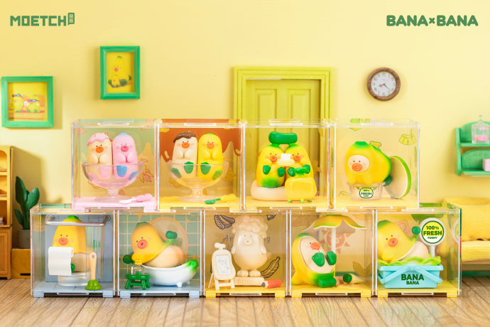 A group of plastic toys from BANA×BANA Mirco Blind Box series, including 7 regular and 2 secrets.
