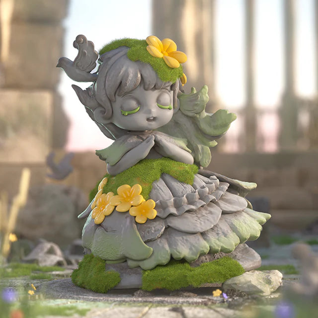 Miana The Sleeping Castle Series Blind Box features a fairy-like figure in meditation amidst ancient ruins, adorned with moss and flowers.