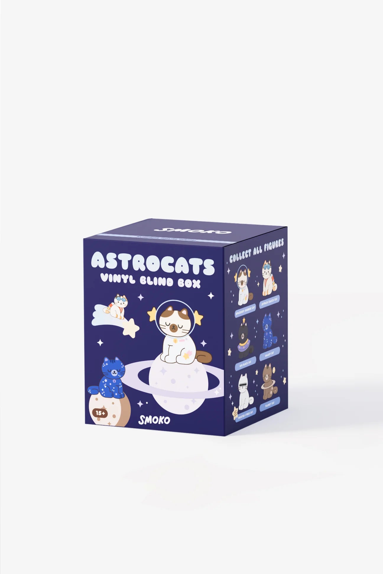 Smoko Astro Cats Blind Box Figure packaging featuring space-themed cartoon cats and six collectible vinyl figures, including two glow-in-the-dark options.
