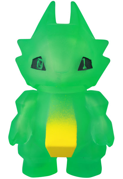 VAG Series 44 Dragon Polygon: a 2.5-inch translucent green vinyl figure with horn-like points, yellow torso stripe, and black eyes, perfect for art toy collectors.