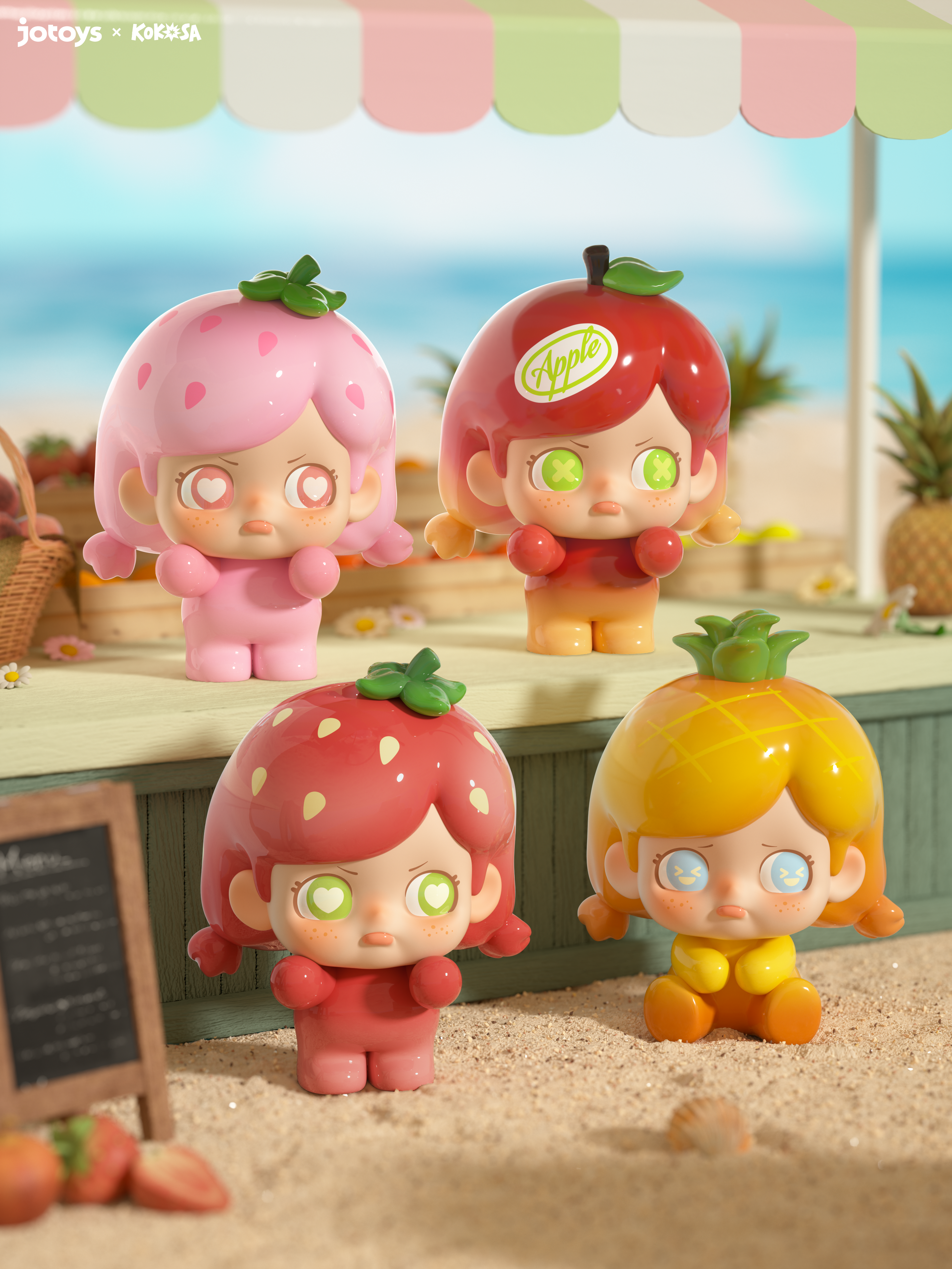 KOKOSA FRUIT PARTY SERIES BLIND BAG - Preorder: Four fruit-themed vinyl toys displayed at a beachside stand with fruit props, highlighting a playful, summery design.